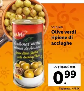 Lidl Sol & Mar Olive verdi ripiene di acciughe 170g offerta