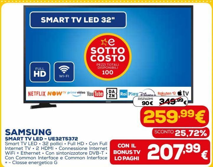 Smart tv led - ue32t5372 samsung offerta di Euronics