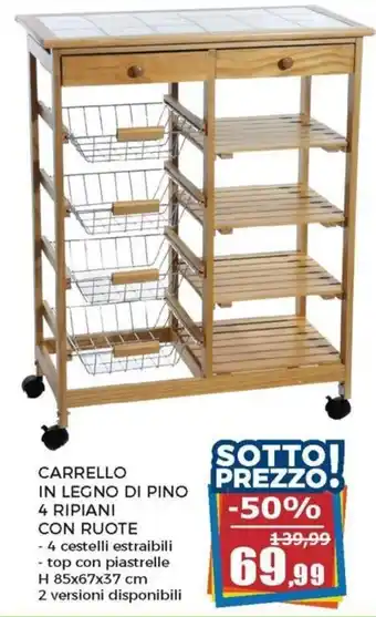 Happy Casa Carrello in Legno di Pino 4 Ripiani con Ruote top con piastrelle H 85x67x37cm offerta