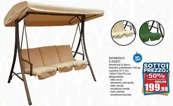 Happy Casa Dondolo 3 Posti Struttura in ferro tessuto poliestere 160 gr cuscino H 7 cm 193x115x174 cm offerta