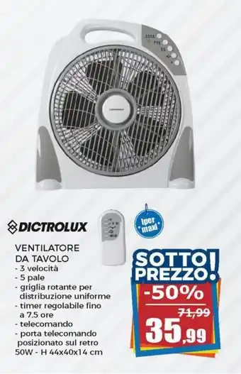 Dictrolux Ventilatore Da Tavolo porta telecomando posizionato sul retro 50W - H 44x40x14 cm