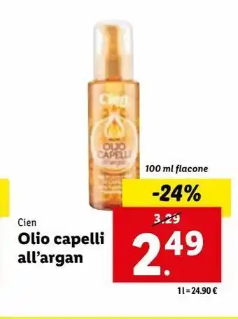 Lidl Olio capelli all'argan 100ml cien offerta