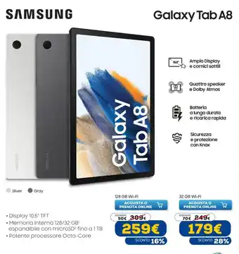 Euronics Samsung Galaxy Tab A8 128 gb Wi-Fi offerta