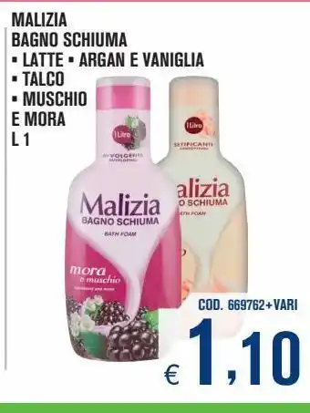 Bagno schiuma malizia latte, argan e vaniglia, talco, muschio e mora l 1