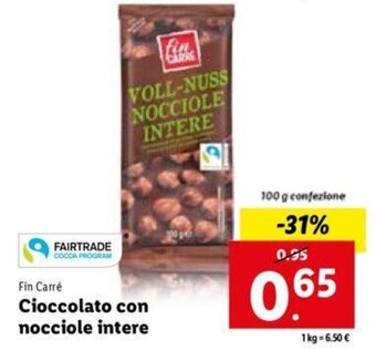 Lidl Fin Carré Cioccolato con nocciole intere 100 g offerta