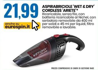 Aspirabriciole 'Wet & Dry' Cordless 'Ariete'