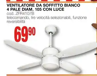 Ventilatore da soffitto bianco 4 pale diam. 105 con luce
