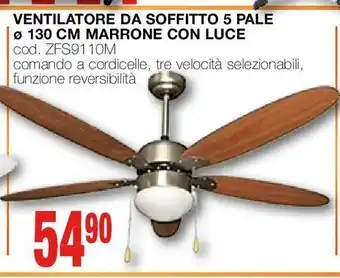 Ventilatore da soffitto 5 pale 130 cm marrone con luce