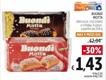 Spazio Conad Motta Buondì albicocca, cioccolato o ciliegia, 6 pezzi 258 g offerta