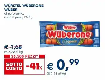 Esselunga Wüber Würstel Wüberone di puro suino, 3 pezzi, 250 g offerta