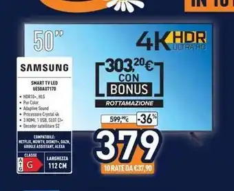 Unieuro 50"  4k  ultra hd  samsung  -303,20€  con bonus  smart tv led  vesau7170 • hdr10-, hlg • purcolor • adaptive sound  processor offerta