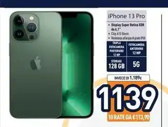 Unieuro Iphone 13 pro display super retina xdr 4,1" chip al blonic residade tripta fotocamera fotocamera anteriore posteriore 12 offerta