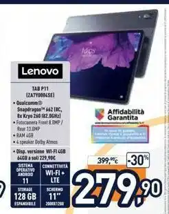 100 lenovo affidabilità garantita tab p11 izazydonese qualcomm snapdragon 652 8c, 8x kryo 260 2.0gr fotocamera front 8.0m