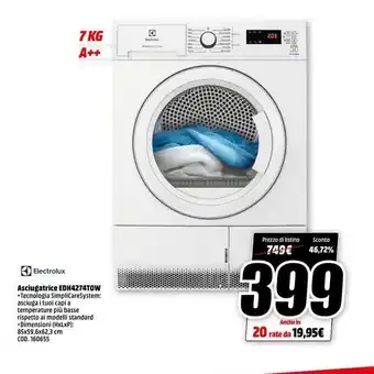 MediaWorld 7 kg 0 203 dec a++ prezzo di listino 749€ sconto 46,72% electrolux asciugatrice edh4274tow tecnologia simplicaresyst offerta