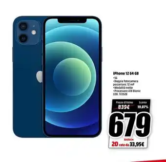 MediaWorld Iphone 12 64 gb -5g doppia fotocamera posteriore: 12 mp modalità notte processore a14 bionic cod. 172028 prezzo di listino offerta