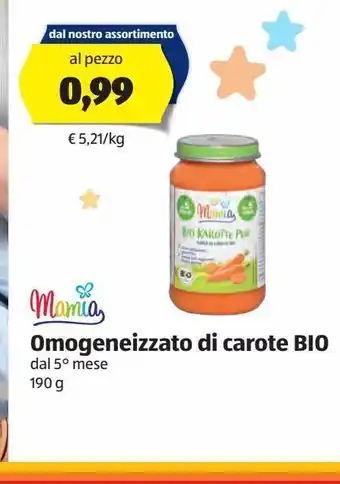 ALDI Mamia omogeneizzati di carote bio dal 5° mese 190 g offerta