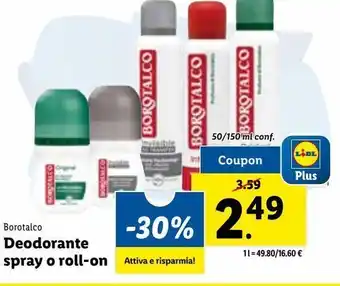 Lidl Borotalco deodorante spray o roll-on 50/150ml offerta
