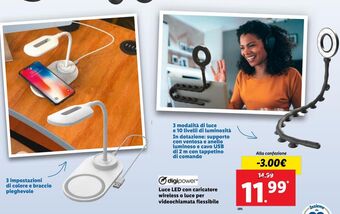 Lidl Digipower luce led con caricatore wireless o luce per videochiamata flessibile offerta