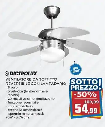 Happy Casa Dictrolux Ventilatore da Soffitto Reversibile con Lampadario offerta