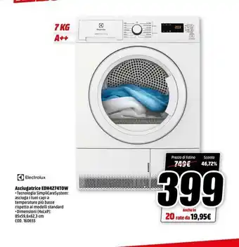 MediaWorld Electrolux asciugatrice edh4274tow •tecnologia simplicaresystem: asciuga i tuoi capi a temperature più basse rispetto ai mod offerta