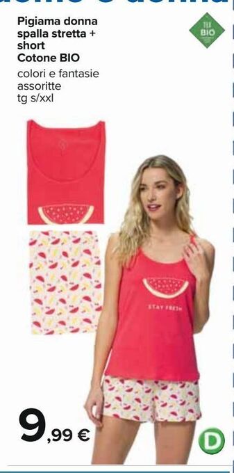 Carrefour Iper Pigiama donna spalla stretta + short cotone bio offerta