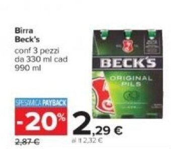 Carrefour Beck's Birra 3 pezzi 330 ml cad 990 ml offerta