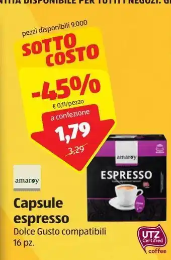 ALDI Amaroy capsule espresso dolce gusto compatibili 16 pz offerta