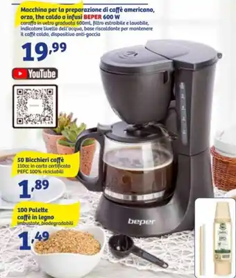 In'S Mercato Beper Macchina per la preparazione di caffè americano, orzo, the caldo o infusi 600 W offerta