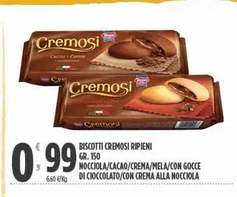 Despar Biscotti cremosi ripieni gr 150 nocciola, cacao, crema, mela, con gocce di cioccolato, con crema alla nocciola offerta