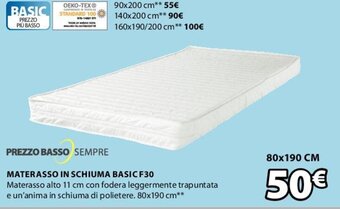 JYSK Materasso In Schiuma Basic F30 80 x 190 cm offerta