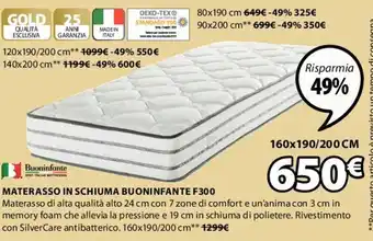JYSK Buoninfante Materasso In Schiuma F300 140 x 200 cm offerta