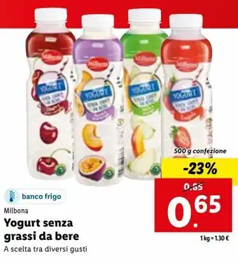 Lidl Milbona yogurt senza grassi da bere a scelta tra diversi gusti 500g offerta