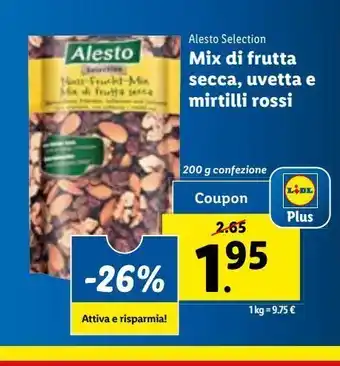 Lidl Alesto selection mix di frutta secca, uvetta e mirtilli rossi 200g offerta