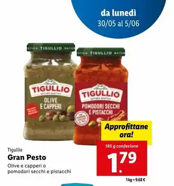 Lidl Gran pesto tigullio olive e capperi o pomodori secchi e pistacchi 185g offerta