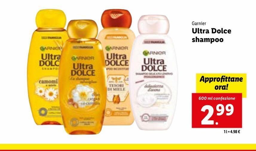 Garnier ultra dolce shampoo 600 ml offerta di Lidl
