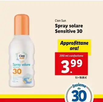 Lidl Spray solare sensitive 30  cien sun 200ml offerta