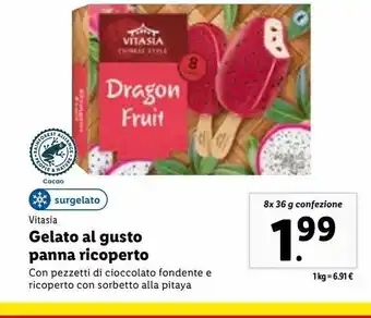 Lidl Vitasia gelato al gusto panna ricoperto con pezzetti di cioccolato fondente e ricoperto con sorbetto alla pitaya 8x36g offerta