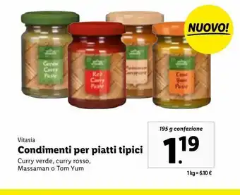 Lidl Vitasia condimenti per piatti tipici curry verde, curry rosso, massaman o tom yom 195g offerta