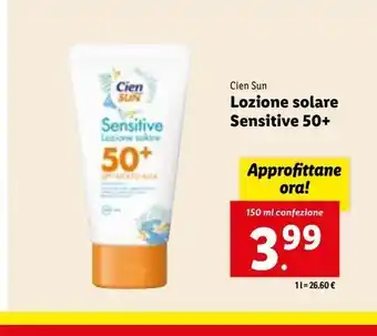 Lidl Lozione solare sensitive 50+cien sun 150ml offerta