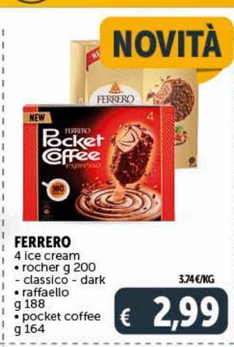 Deco Supermercati Ferrero 4 ice cream rocher g 200 classico/dark, raffaello g 188, pocket coffee g 164 offerta