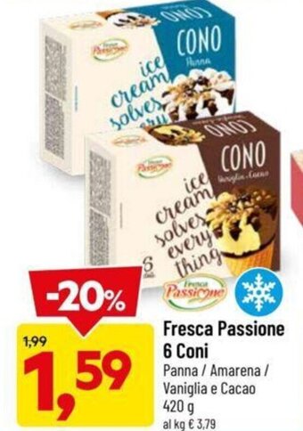 DPiù Fresca Passione 6 Coni Panna/Amarena/ Vaniglia e Cacao 420 g offerta