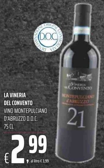 Coop La Vineria Del Convento Vino Montepulciano D'Abruzzo D.O.C 75 cl offerta