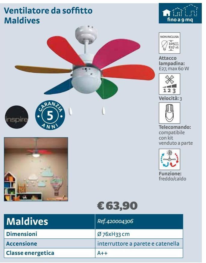 Ventilatore Da Soffitto Farelek Maldives - Diametro 107 Cm, Colore Bianco, 3 Velocità, Doppia Rotazione, Potenza 50W