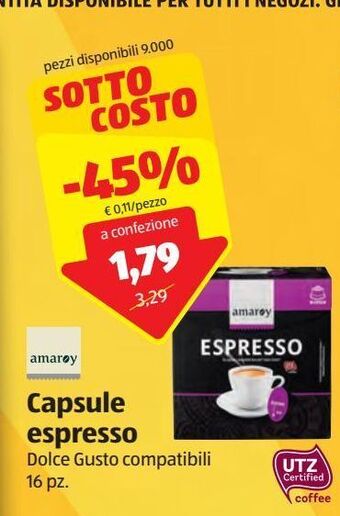 ALDI Amaroy capsule espresso dolce gusto compatibili 16 pz offerta