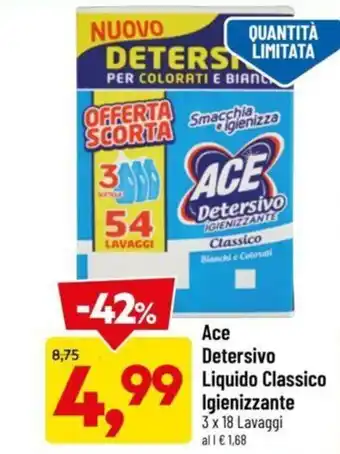 DPiù Ace Detersivo Liquido Classico Igienizzante 3 x 18 Lavaggi offerta
