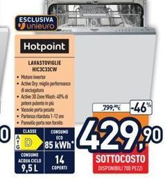 Hotpoint lavastoviglie hic3c33cw • motore inverter • active dry miglio  performance di asciugatura active 30 zone wash 40 offerta di Unieuro