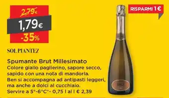 DPiù Sol Piantez Spumante Brut Millesimato 0,75L offerta