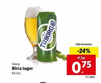 Lidl Birra lager tuborg 5% vol 500 ml latina offerta