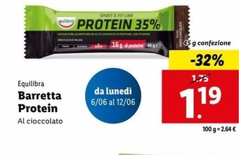 Lidl Barrette protein equilibra al cioccolato 45g offerta