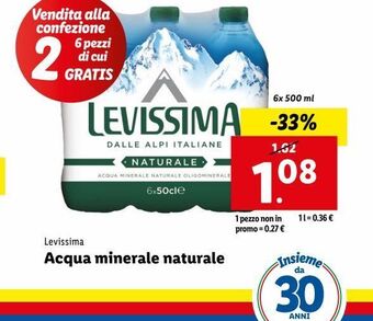 Lidl Acqua minerale naturale 6x500 ml levissima offerta